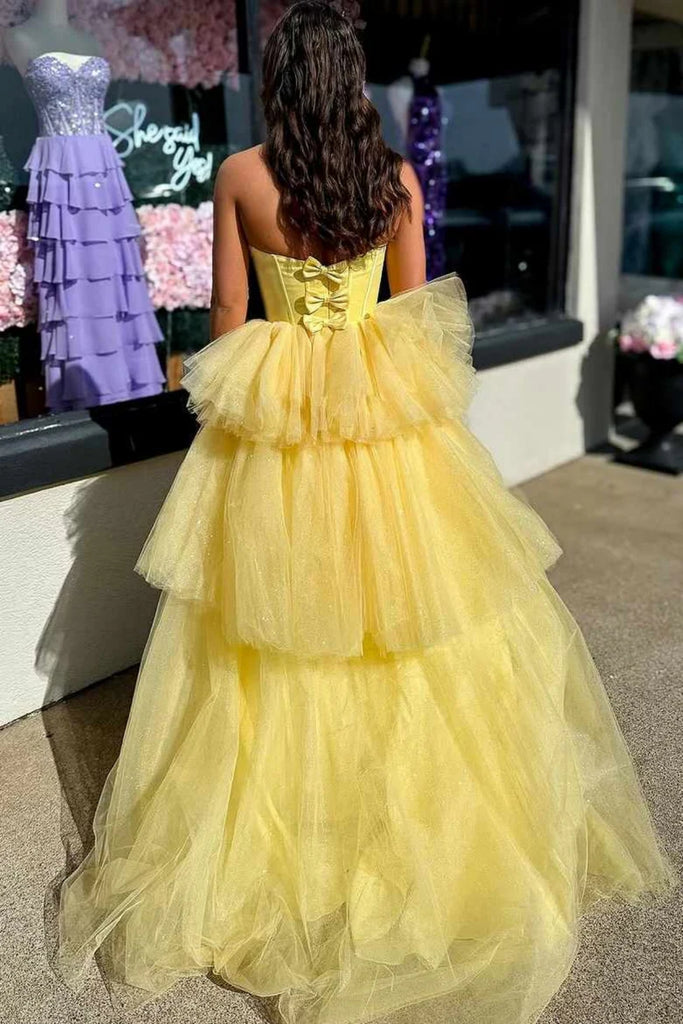 Strapless V Neck Layered Yellow Tulle Long Prom Dress, Yellow Formal E abcprom Strapless V Neck Layered Yellow Tulle Long Prom Dress, Yellow Formal E abcprom