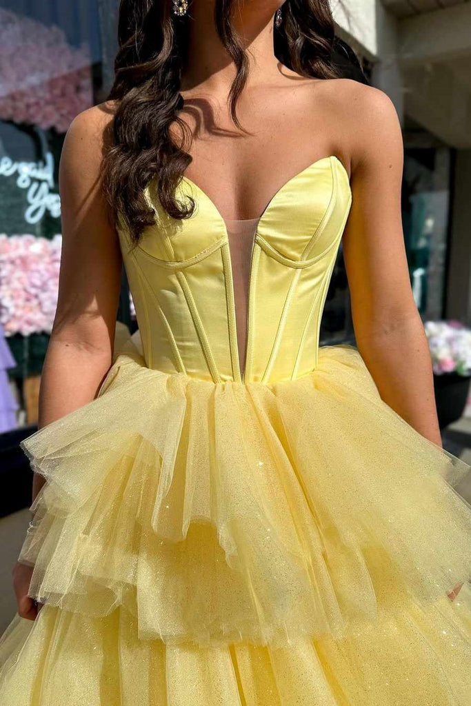 Strapless V Neck Layered Yellow Tulle Long Prom Dress, Yellow Formal E abcprom Strapless V Neck Layered Yellow Tulle Long Prom Dress, Yellow Formal E abcprom