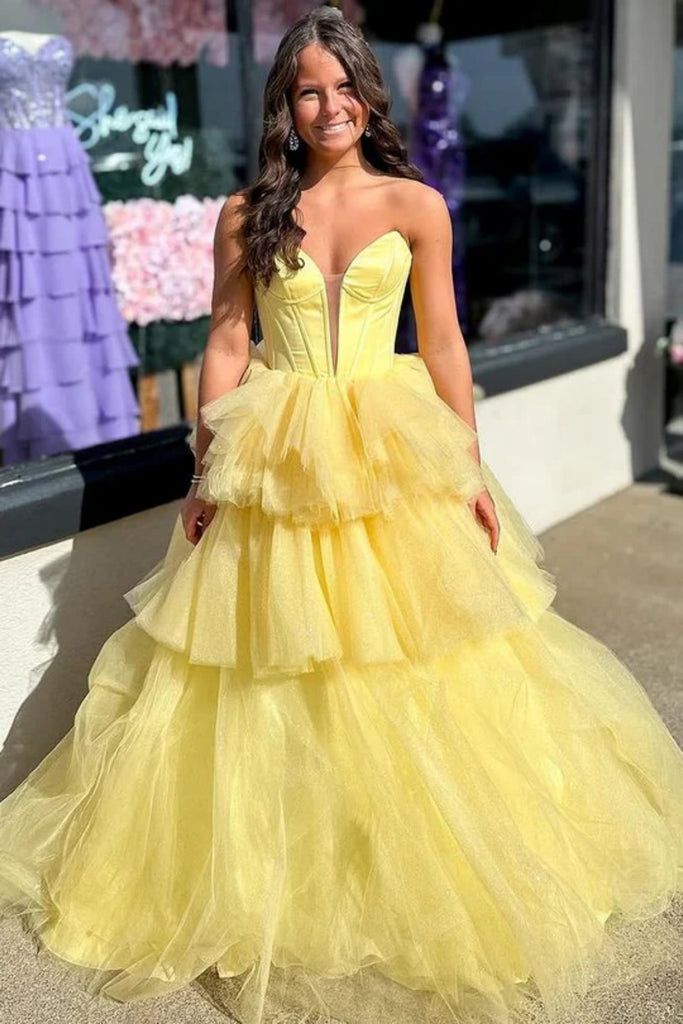 Strapless V Neck Layered Yellow Tulle Long Prom Dress, Yellow Formal E abcprom Strapless V Neck Layered Yellow Tulle Long Prom Dress, Yellow Formal E abcprom