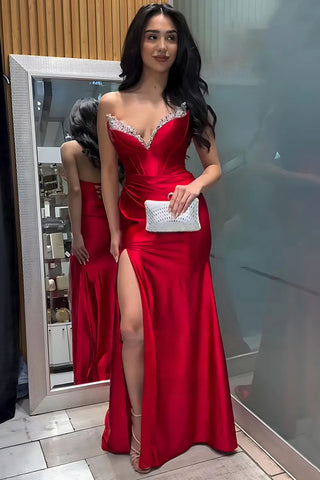 Strapless V Neck Mermaid Red Satin Long Prom Dress with Slit, Mermaid Red Formal Graduation Evening Dress with Sequins A2478
