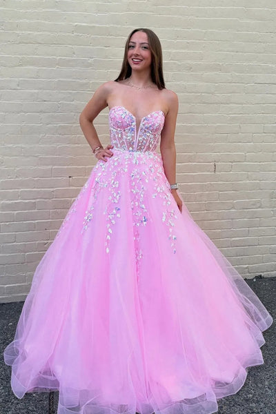 Strapless V Neck Pink Lace Long Prom Dress, Pink Lace Formal Dress, Pink Evening Dress with Appliques A2455