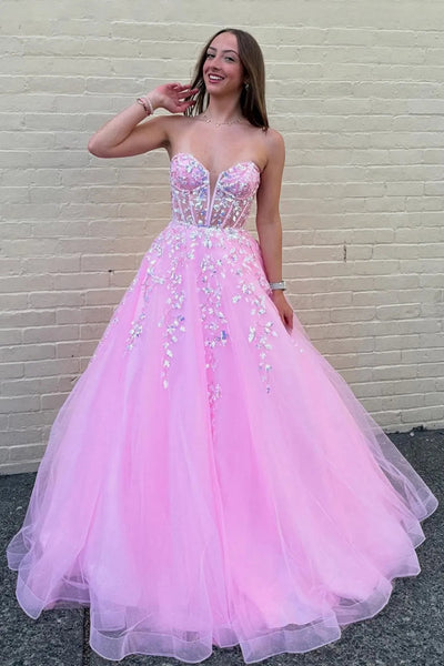 Strapless V Neck Pink Lace Long Prom Dress, Pink Lace Formal Dress, Pink Evening Dress with Appliques A2455