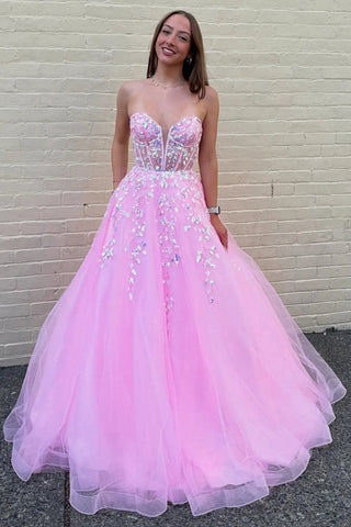 Strapless V Neck Pink Lace Long Prom Dress, Pink Lace Formal Dress, Pink Evening Dress with Appliques A2455