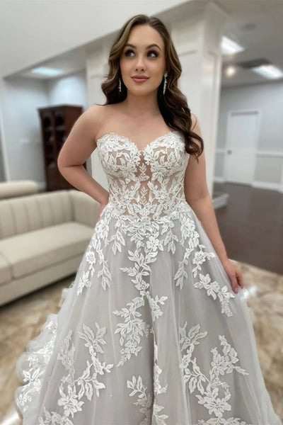 Strapless White Lace Appliques Long Prom Dress with Train, White Lace Wedding Dress, White Formal Evening Dress A2072