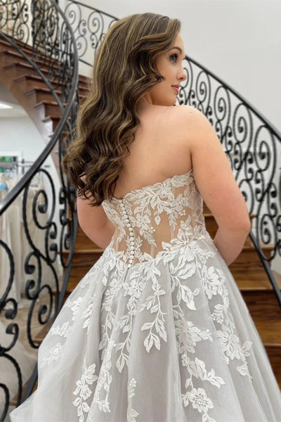 Strapless White Lace Appliques Long Prom Dress with Train, White Lace Wedding Dress, White Formal Evening Dress A2072