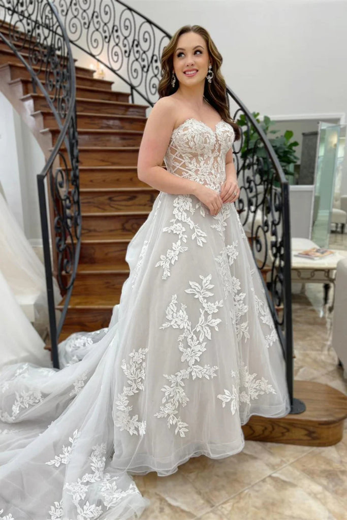 Strapless White Lace Appliques Long Prom Dress with Train, White Lace abcprom Strapless White Lace Appliques Long Prom Dress with Train, White Lace abcprom