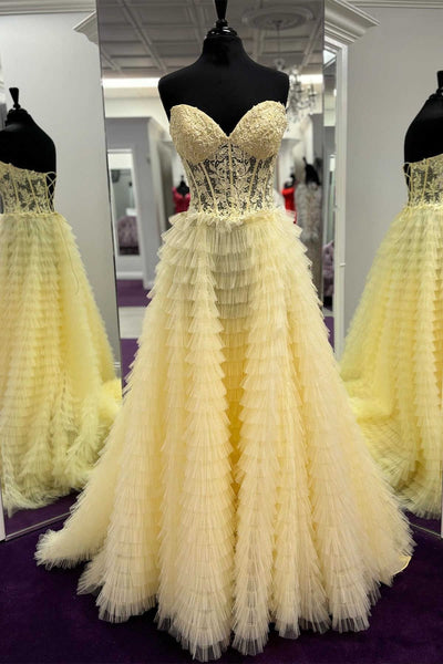 Strapless Yellow/Hot Pink Lace Long Prom Dress, Long Yellow/Hot Pink Lace Formal Evening Dress A1984