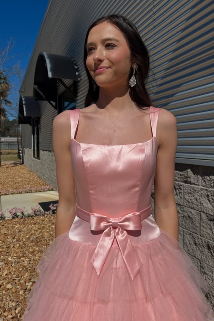 Stylish A Line Ruffle Pink Long Prom Dress with Bow, White Formal Grad abcprom Stylish A Line Ruffle Pink Long Prom Dress with Bow, White Formal Grad abcprom