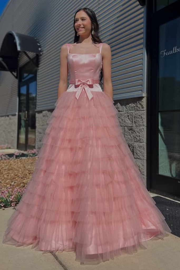 Stylish A Line Ruffle Pink Long Prom Dress with Bow, White Formal Grad abcprom Stylish A Line Ruffle Pink Long Prom Dress with Bow, White Formal Grad abcprom