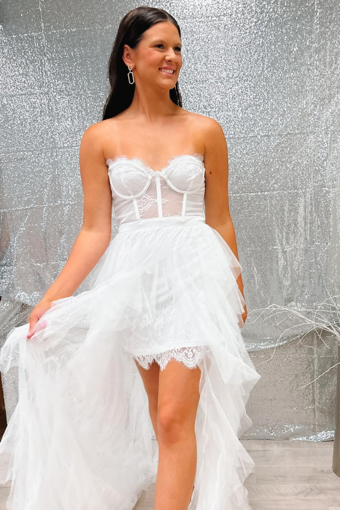 Sweetheart Neck High Low White/Black Lace Long Prom Dress with Ruffles abcprom Sweetheart Neck High Low White/Black Lace Long Prom Dress with Ruffles abcprom