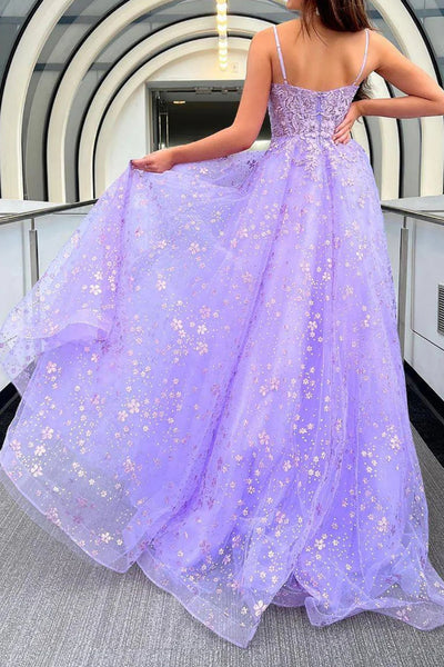 Sweetheart Neck Lilac Lace Floral Long Prom Dresses, Lilac Formal Dres