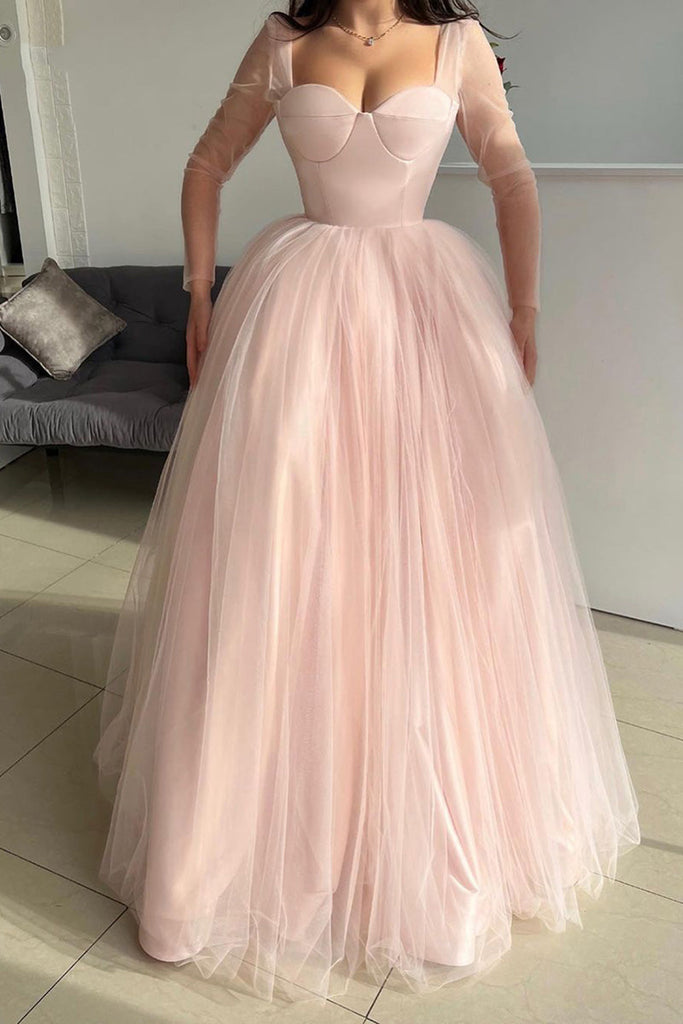 Sweetheart Neck Long Sleeves Pink Long Prom Dresses, Long Sleeves Pink Formal Dresses, Pink Evening Dresses A1875