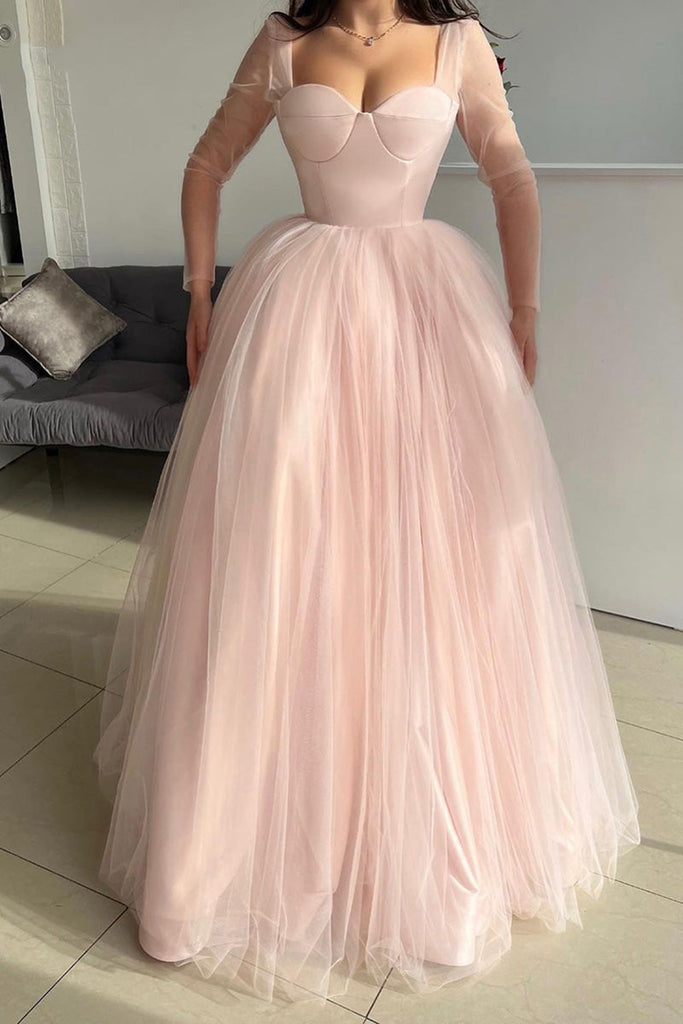 Sweetheart Neck Long Sleeves Pink Long Prom Dresses, Long Sleeves Pink abcprom Sweetheart Neck Long Sleeves Pink Long Prom Dresses, Long Sleeves Pink abcprom