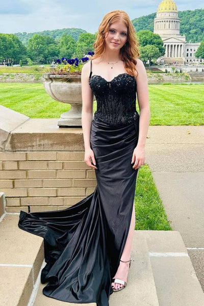 Sweetheart Neck Mermaid Black Lace long Prom Dress with High Slit, Black Lace Formal Dress, Black Evening Dress A2423