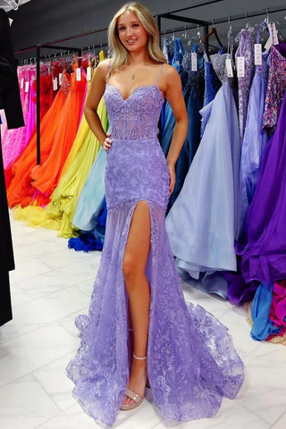 Sweetheart Neck Mermaid Purple Lace Long Prom Dress with High Slit, Purple Lace Formal Graduation Evening Dress A2447