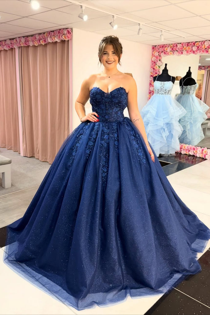 Sweetheart Neck Navy Blue Lace Long Prom Dress, Navy Blue Lace Formal