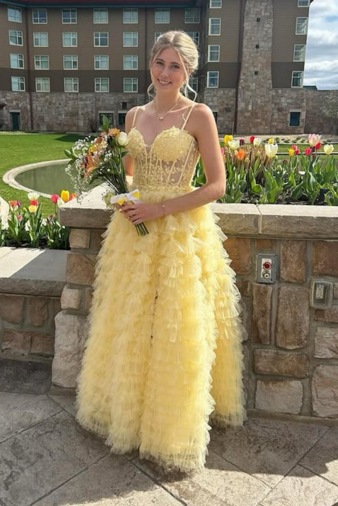 Sweetheart Neck Ruffle Yellow Lace Long Prom Dress with Slit, Yellow Lace Formal Dress, Yellow Evening Dress A2312