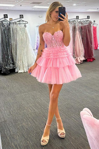 Sweetheart Neck Strapless Beaded Red/Pink Lace Prom Dress, Red/Pink Lace Homecoming Dress, Short Red/Pink Formal Graduation Evening Dress A1903