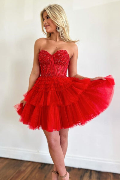 Sweetheart Neck Strapless Beaded Red/Pink Lace Prom Dress, Red/Pink Lace Homecoming Dress, Short Red/Pink Formal Graduation Evening Dress A1903