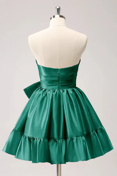 Sweetheart Neck Strapless Green/Black Satin Short Prom Dress with Tie Bow, Green/Black Homecoming Dress A2410