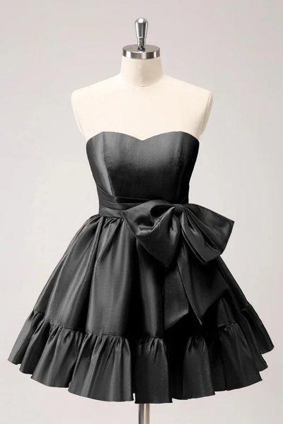 Sweetheart Neck Strapless Green/Black Satin Short Prom Dress with Tie Bow, Green/Black Homecoming Dress A2410