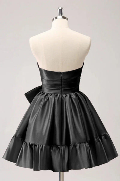 Sweetheart Neck Strapless Green/Black Satin Short Prom Dress with Tie Bow, Green/Black Homecoming Dress A2410