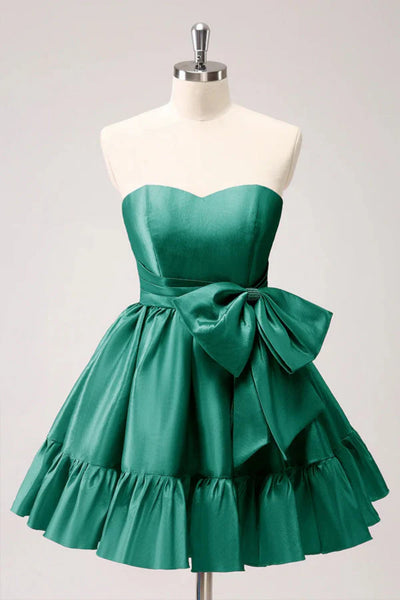Sweetheart Neck Strapless Green/Black Satin Short Prom Dress with Tie Bow, Green/Black Homecoming Dress A2410