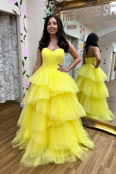 Sweetheart Neck Strapless Layered Yellow Tulle Long Prom Dress, Long Yellow Formal Graduation Evening Dress A2525