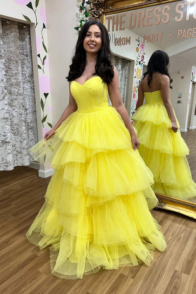 Sweetheart Neck Strapless Layered Yellow Tulle Long Prom Dress, Long Yellow Formal Graduation Evening Dress A2525