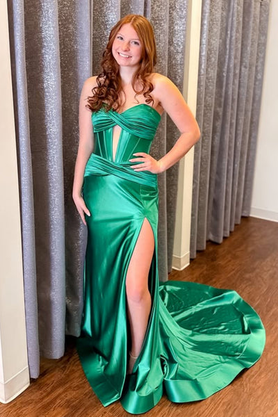 Sweetheart Neck Strapless Mermaid Green Satin Long Prom Dress with Slit, Mermaid Green Formal Graduation Evening Dress with Train A2317