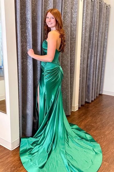 Sweetheart Neck Strapless Mermaid Green Satin Long Prom Dress with Slit, Mermaid Green Formal Graduation Evening Dress with Train A2317