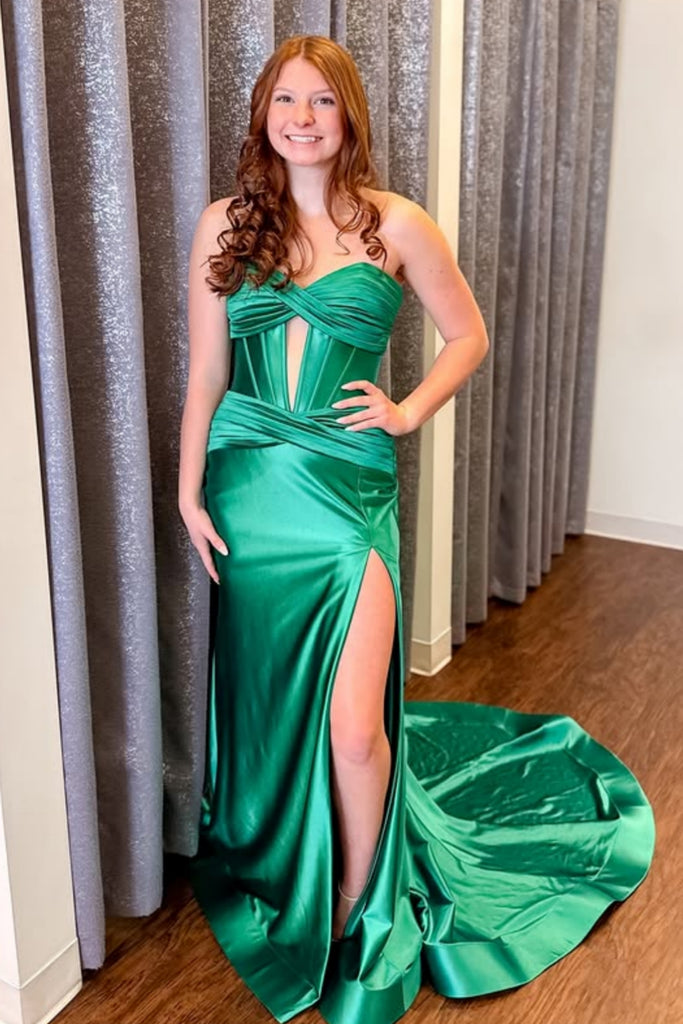 Sweetheart Neck Strapless Mermaid Green Satin Long Prom Dress with Slit, Mermaid Green Formal Graduation Evening Dress with Train A2317