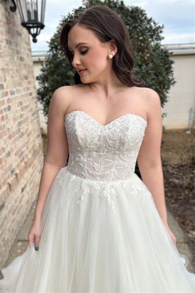 Sweetheart Neck Strapless White Lace Long Prom Dress, White Lace Wedding Dress, White Formal Evening Dress A2052