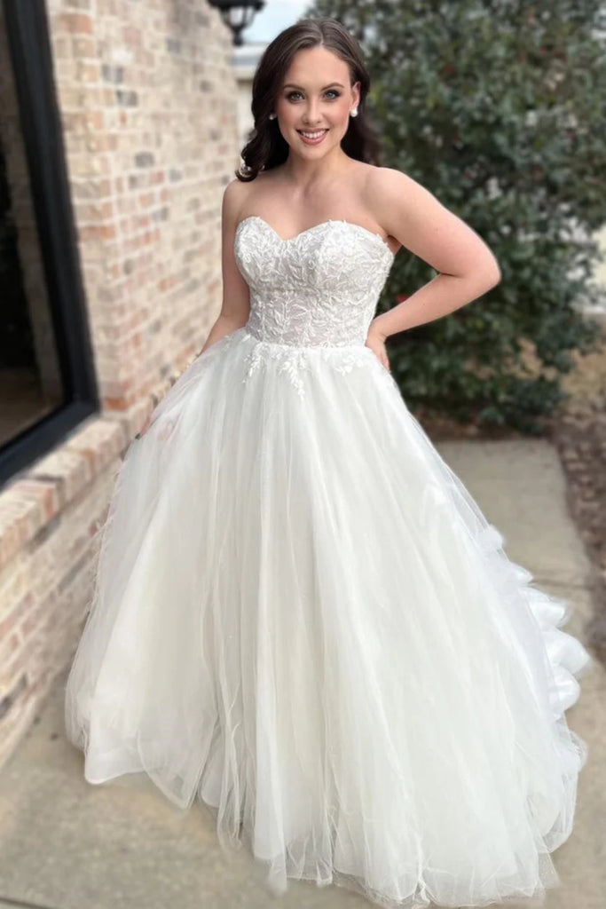 Sweetheart Neck Strapless White Lace Long Prom Dress, White Lace Weddi