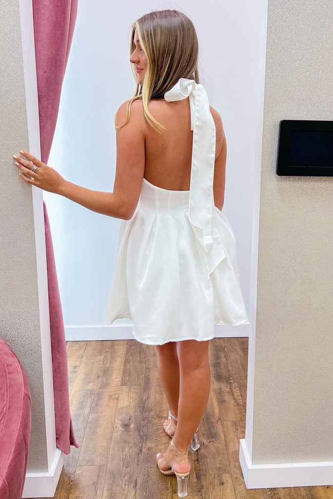 white graduation dress backless Cicinia Backless Little White Dresses Short A-Line Pleats Sleeveless Mini Dress