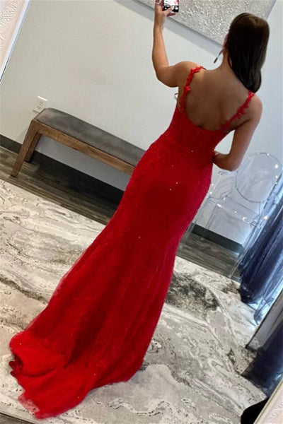 Unique Mermaid Red Lace Long Prom Dress, Mermaid Red Formal Dress, Red Lace Evening Dress A1979