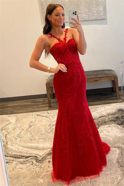 Unique Mermaid Red Lace Long Prom Dress, Mermaid Red Formal Dress, Red Lace Evening Dress A1979