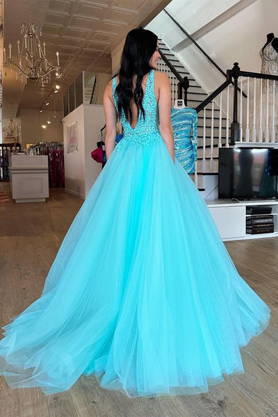 V Neck Arctic Blue Lace Long Prom Dress, Arctic Blue Lace Formal Evening Dress, Ball Gown A1882