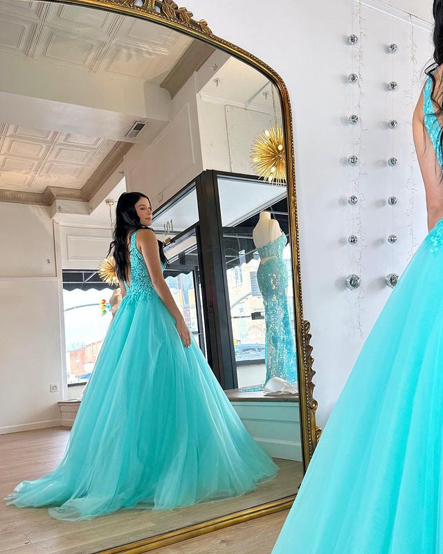 V Neck Teal Lace Long Prom Dresses, V Neck Teal Lace Formal Evening Dr –  jbydress