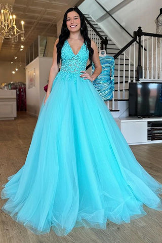 V Neck Arctic Blue Lace Long Prom Dress, Arctic Blue Lace Formal Evening Dress, Ball Gown A1882
