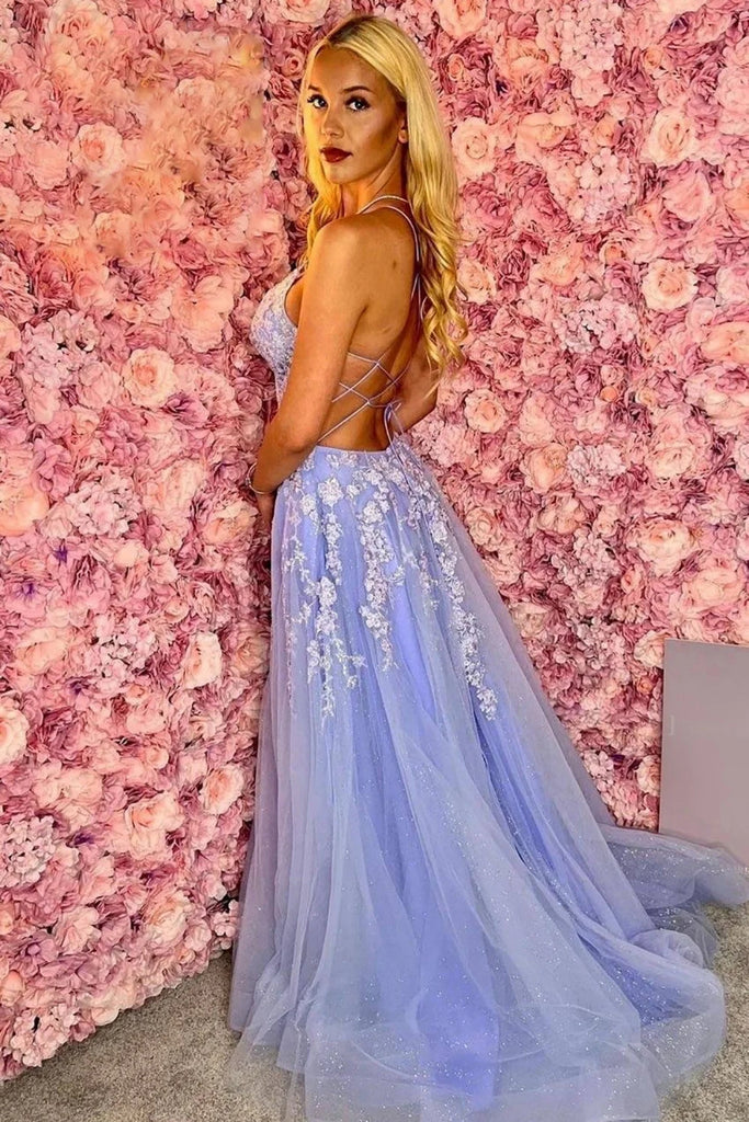 V Neck Backless Blue Tulle Long Prom Dress with White Lace, Backless B abcprom V Neck Backless Blue Tulle Long Prom Dress with White Lace, Backless B abcprom