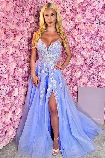 V Neck Backless Blue Tulle Long Prom Dress with White Lace, Backless Blue Formal Dress, Blue Evening Dress with High Slit A2017