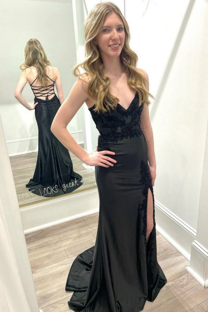 V Neck Backless Mermaid Black/Blue Lace Long Prom Dress with High Slit abcprom V Neck Backless Mermaid Black/Blue Lace Long Prom Dress with High Slit abcprom