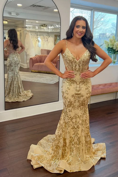 V Neck Backless Mermaid Gold Lace Long Prom Dress, Mermaid Gold Formal Dress, Gold Lace Evening Dress A2336