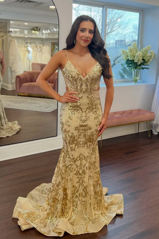 V Neck Backless Mermaid Gold Lace Long Prom Dress, Mermaid Gold Formal Dress, Gold Lace Evening Dress A2336