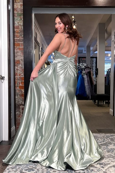 V Neck Backless Mermaid Sage Satin Long Prom Dress, Mermaid Sage Formal Dress, Sage Evening Dress A2575