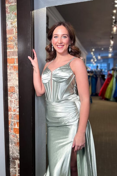 V Neck Backless Mermaid Sage Satin Long Prom Dress, Mermaid Sage Formal Dress, Sage Evening Dress A2575