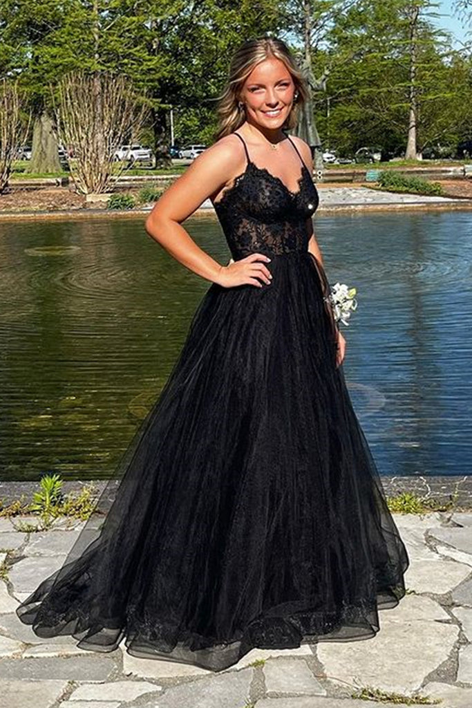 V Neck Beaded Black Lace Long Prom Dress, Black Tulle Formal Dress, Black Evening Dress with Beadings A1891