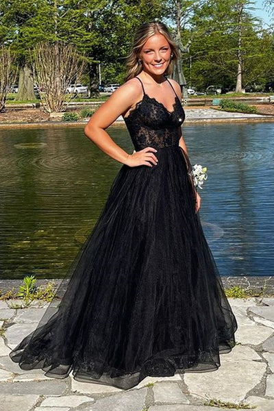V Neck Beaded Black Lace Long Prom Dress, Black Tulle Formal Dress, Black Evening Dress with Beadings A1891