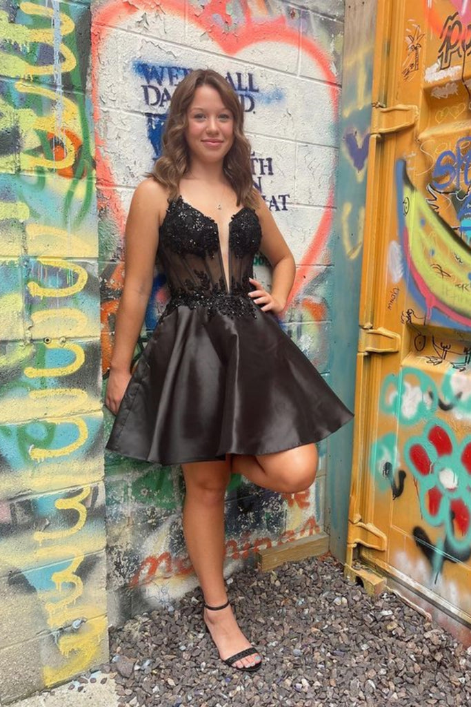 V Neck Beaded Black Lace Prom Dress, Short Black Lace Homecoming Dress abcprom V Neck Beaded Black Lace Prom Dress, Short Black Lace Homecoming Dress abcprom